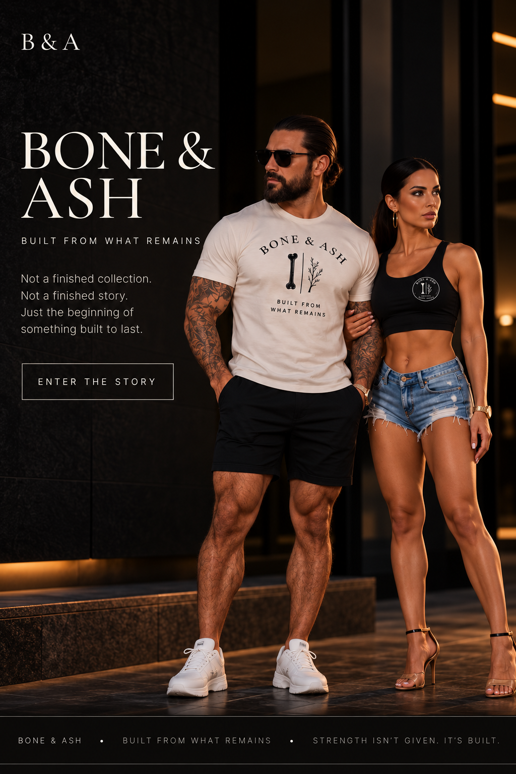 Bone & Ash campaign with two models in front of a private jet
